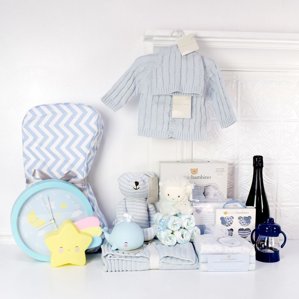 Champagne Basket with Plush Baby Toys – how the gift is presented