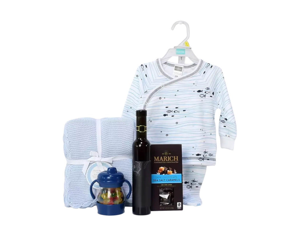 Baby Boy Wine Celebration Basket – how the gift is presented