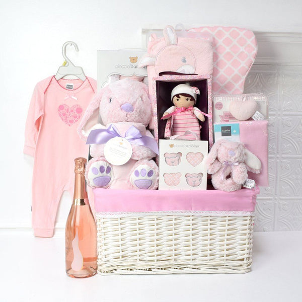 Pink Bunny Celebration Basket, baby gift baskets, baby boy, baby gift, new parent, baby, champagne
