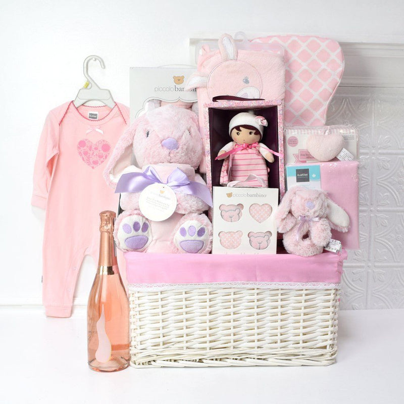 Pink Bunny Celebration Basket, baby gift baskets, baby boy, baby gift, new parent, baby, champagne
