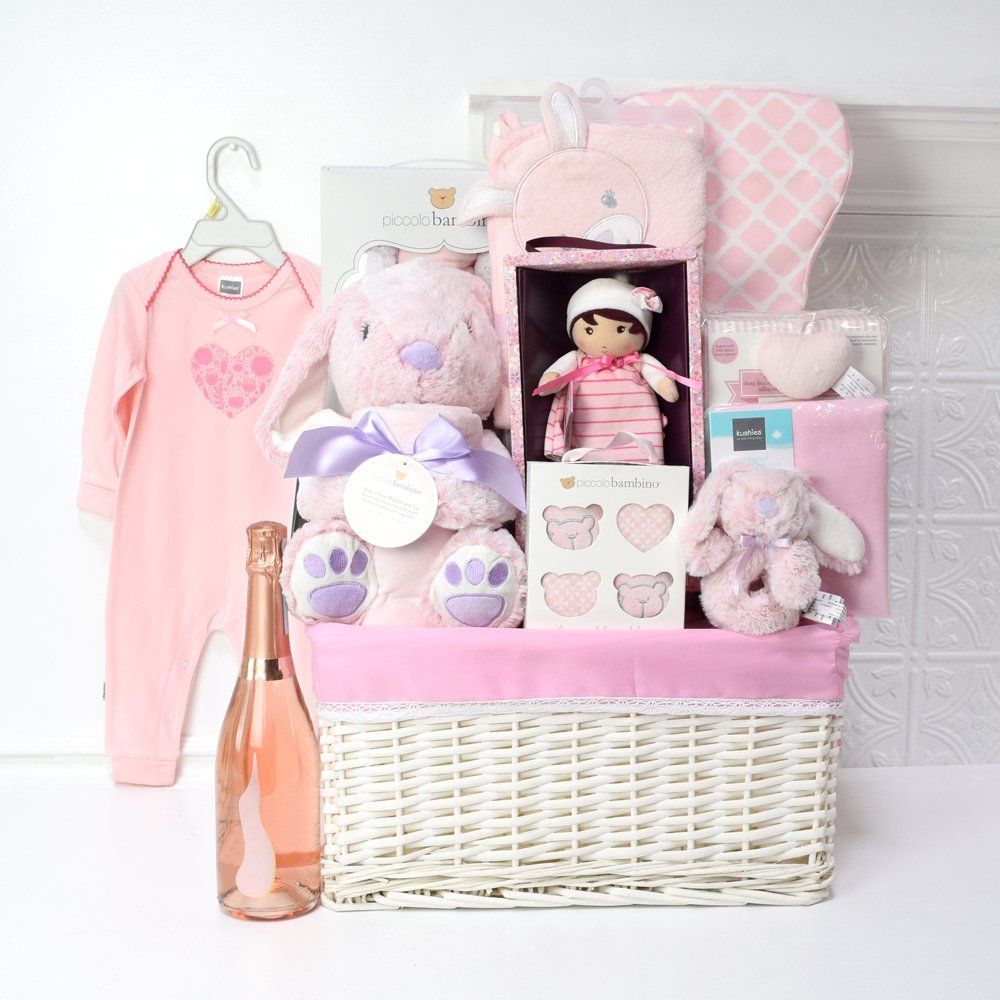 Pink Bunny Celebration Basket, baby gift baskets, baby boy, baby gift, new parent, baby, champagne
