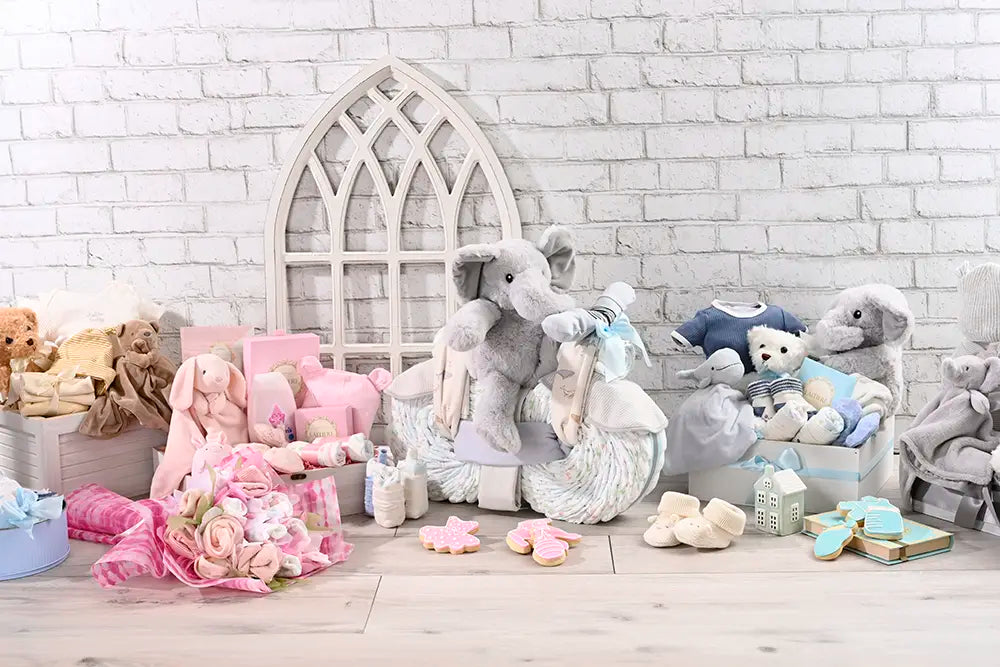 Thoughtfully arranged baby gift with keepsake items and newborn essentials