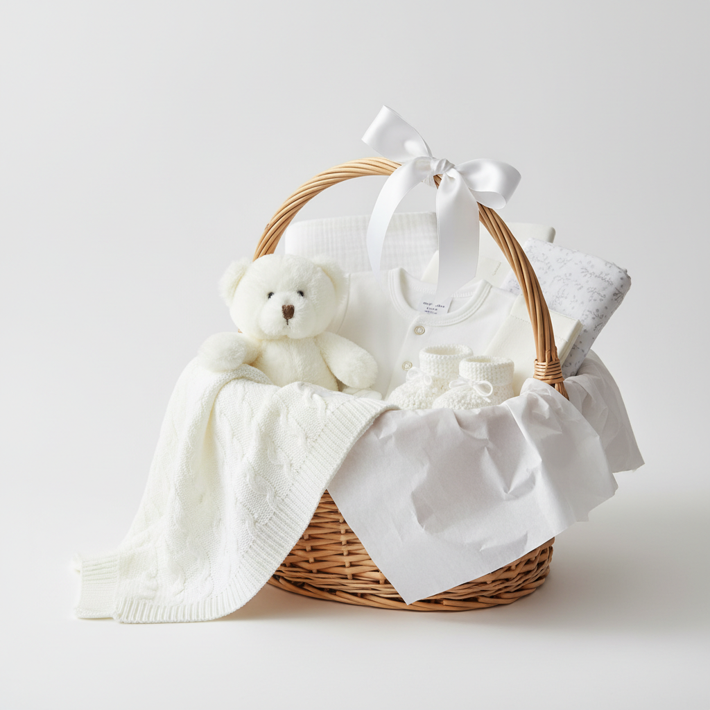 Custom baby gift builder shown beside a same-day baby gift arrangement