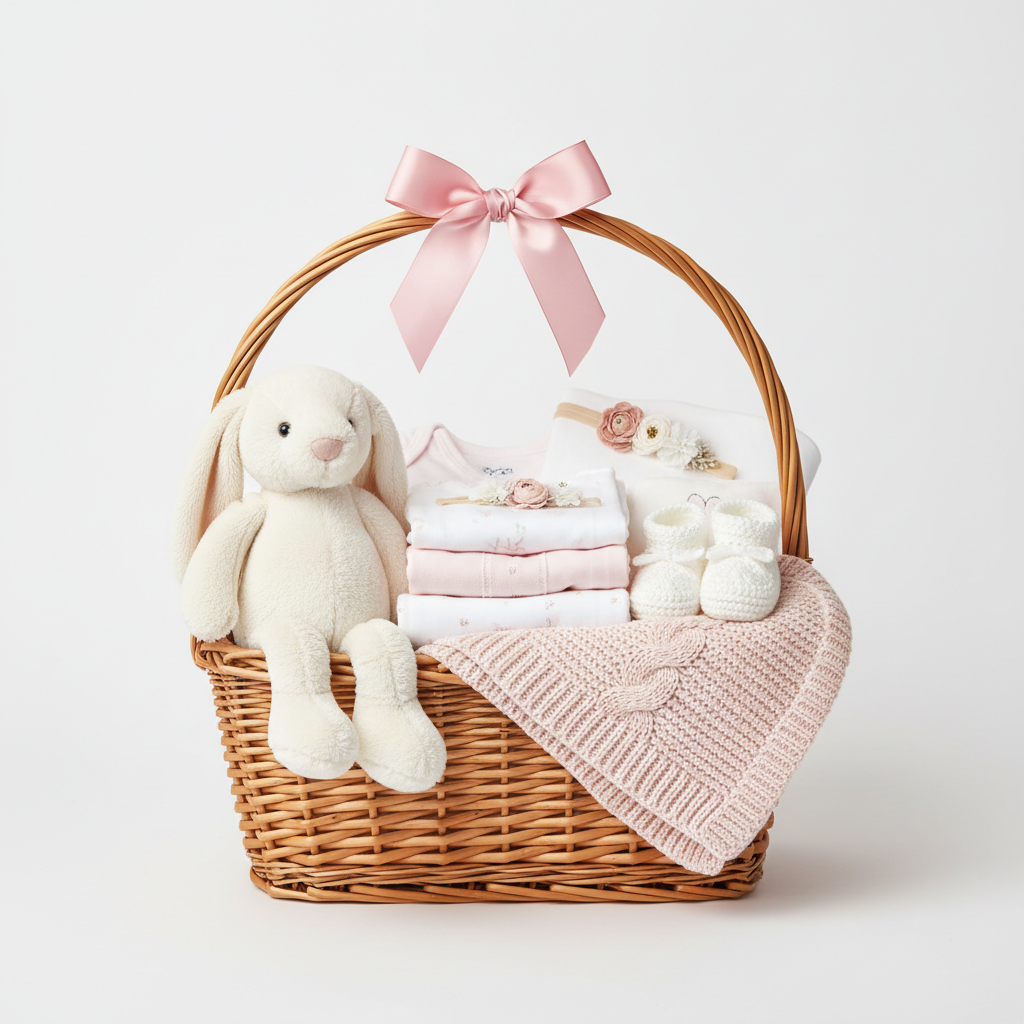 Same-day baby gift arranged with newborn essentials and keepsake details
