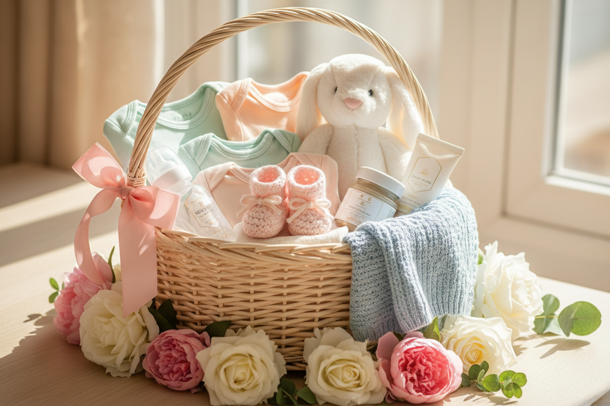 Thoughtfully arranged baby gift with keepsake items and newborn essentials