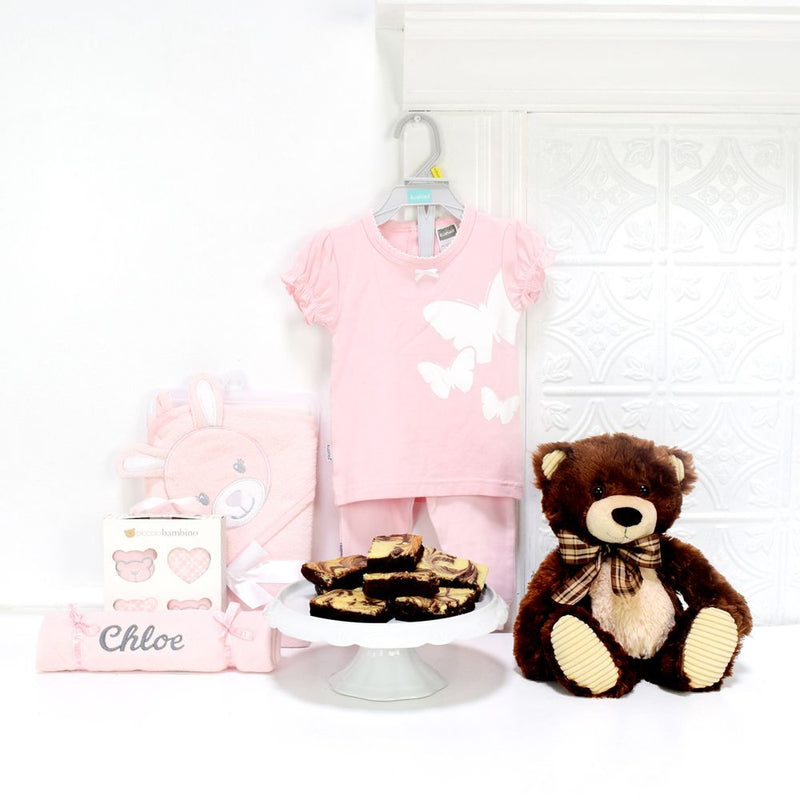 TEDDY & THE WEE GIRL GIFT BASKET, baby girl gift basket, welcome home baby gifts, new parent gifts
