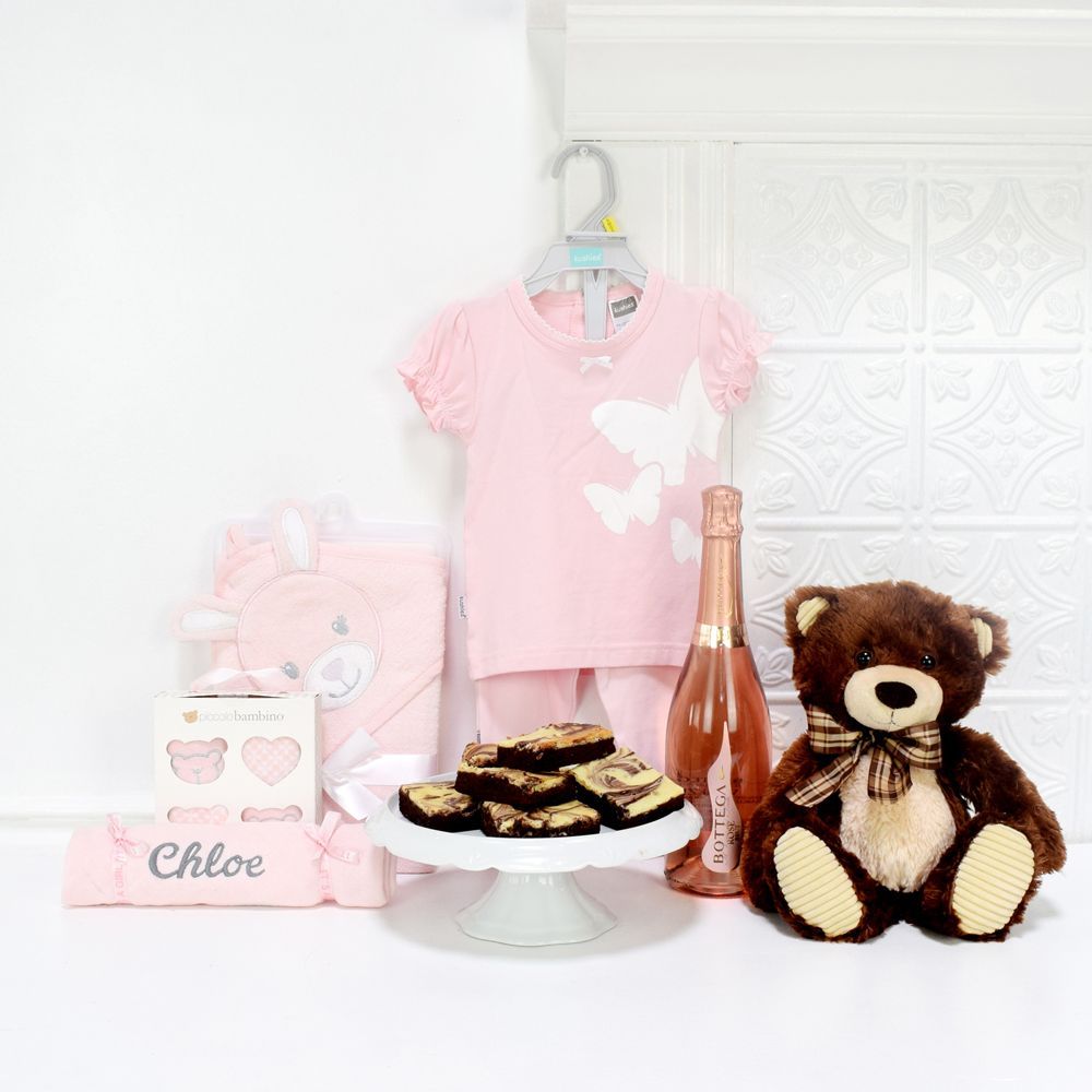 AN EXPRESSION OF JOY BABY GIFT SET WITH CHAMPAGNE, baby girl gift basket, welcome home baby gifts, new parent gifts

