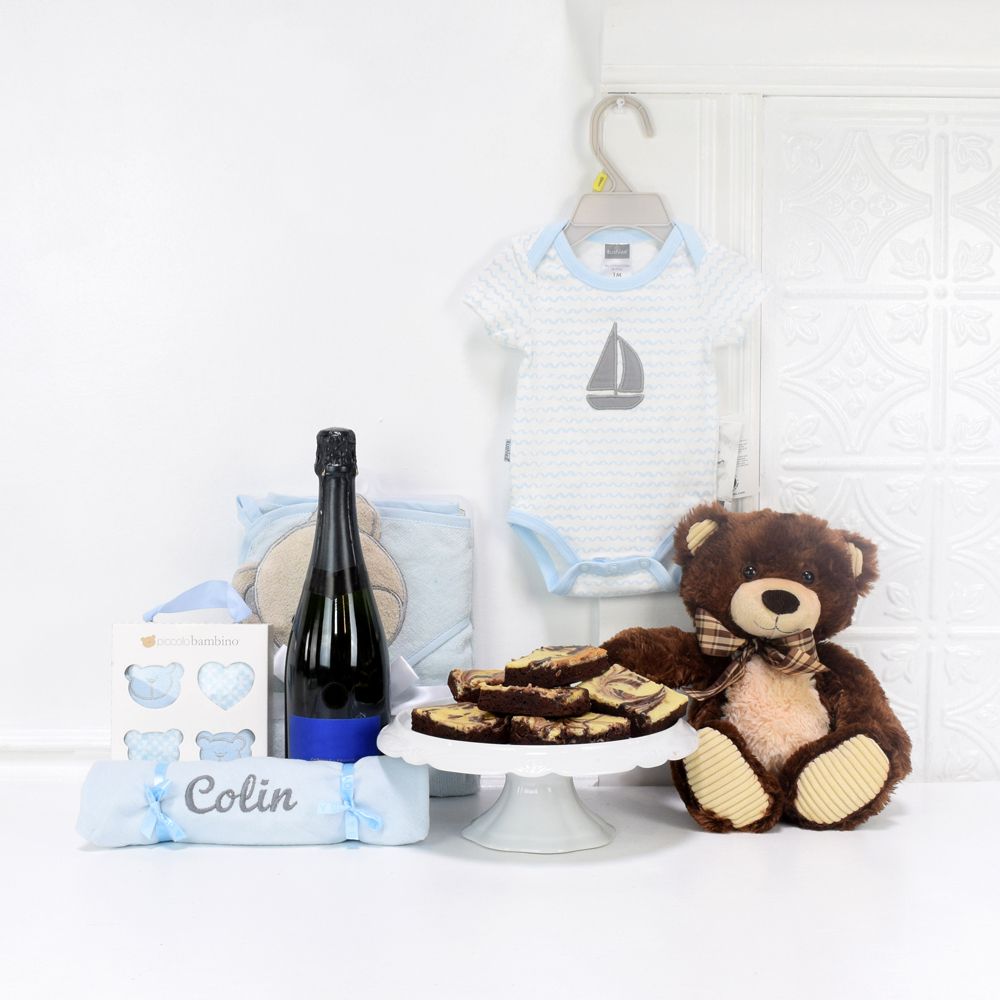 THE BABY BOY & TEDDY GIFT BASKET WITH CHAMPAGNE, baby girl gift basket, welcome home baby gifts, new parent gifts
