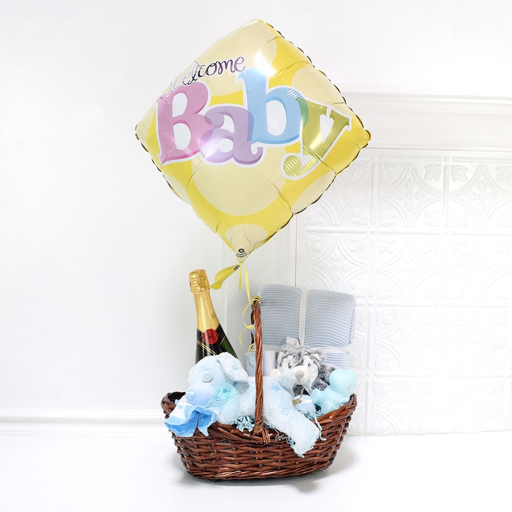 Celebrate A Baby Boy Gift Basket, baby gift baskets, baby boy, baby gift, new parent, baby, champagne
