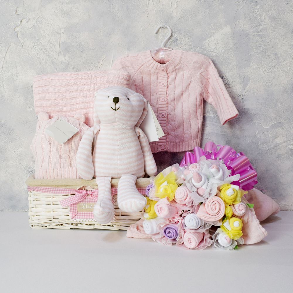 ELEGANT BABY &amp; FLORAL GIFT SET FOR HER, baby girl gift hamper, newborns, new parents
